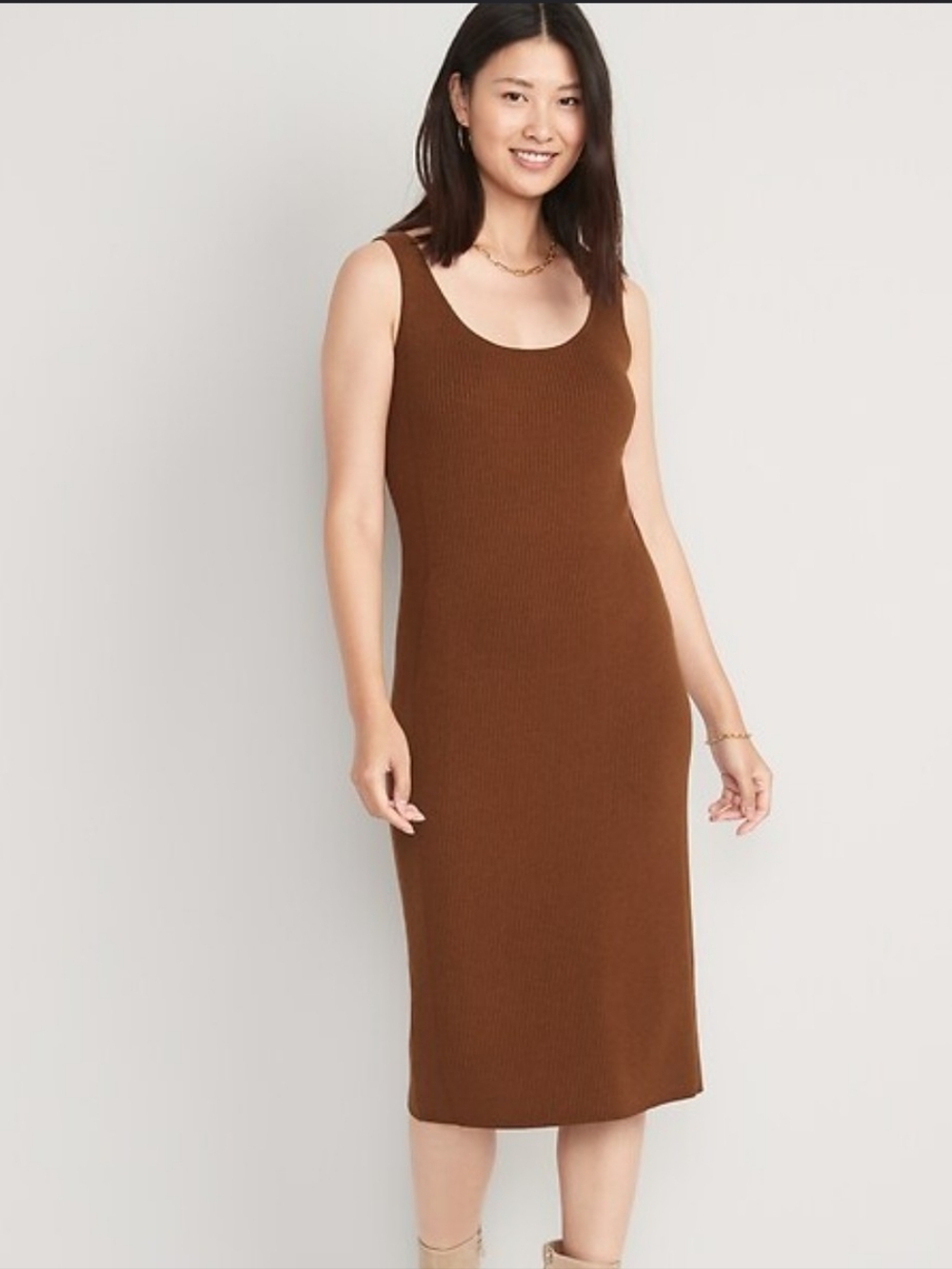 Old Navy Fitted Rib-Knit Midi Tank Sweater Dress Rusty Brown Small